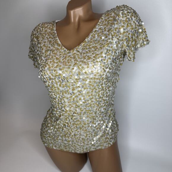 Gianna Paris Gold Silver Sequin Top V Neck M Y2K Glam Party NYE Stretchy - Picture 10 of 10